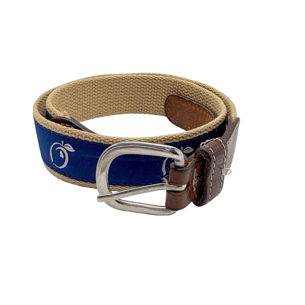 Peach State Pride Georgia Peach Canvas Leather Belt Mens Small Blue Tan Preppy